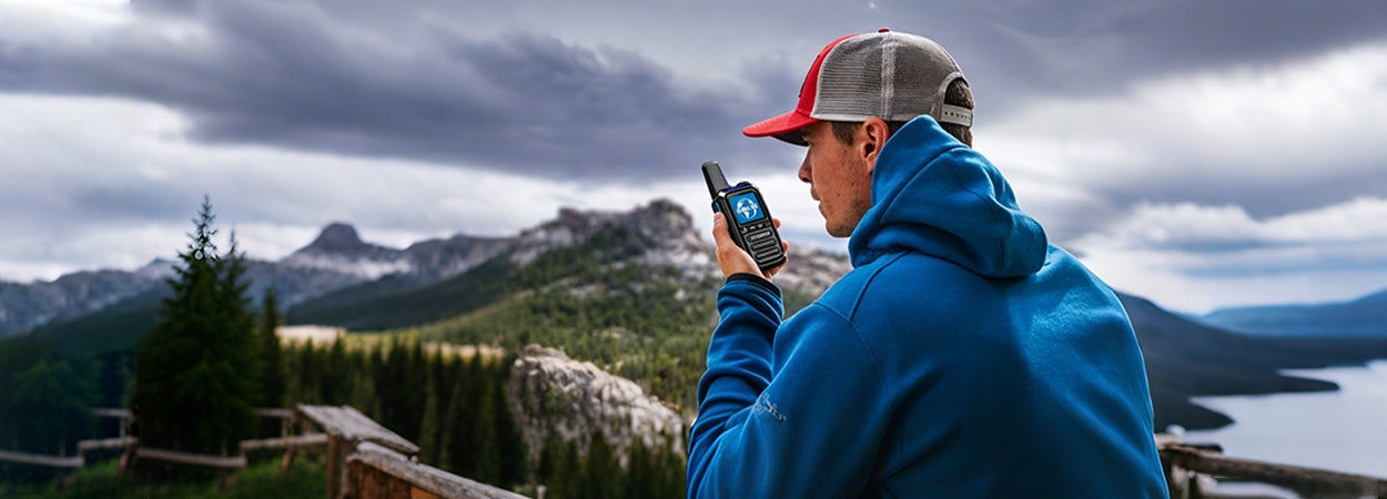 A man in a blue jacket and red baseball cap stands on a mountain overlook, holding a walkie-talkie, with a dramatic mountain and lake landscape in the background