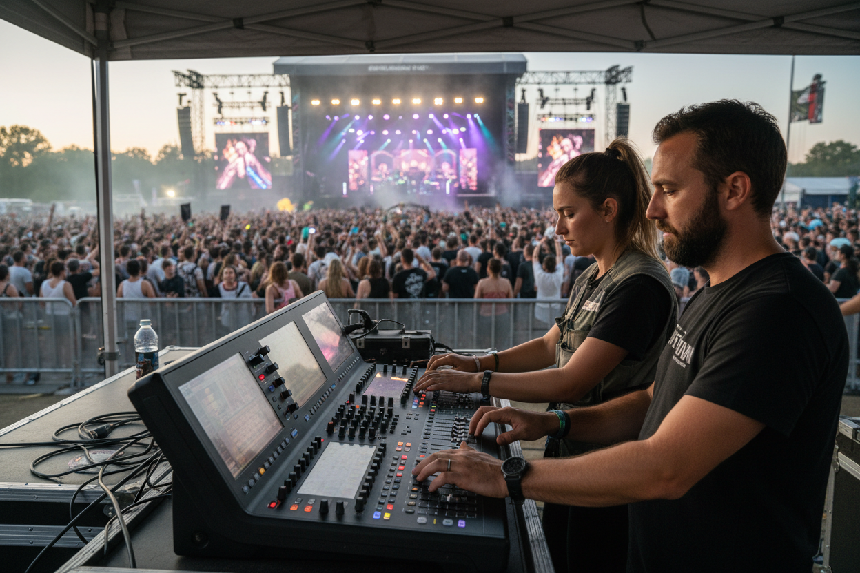 Event production crew operating mixing console at outdoor music festival, with stage lights and crowd in background