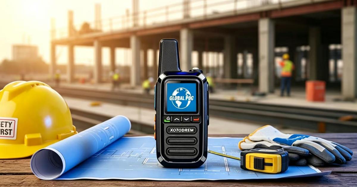 Worker using 4G LTE walkie talkie on a construction job site