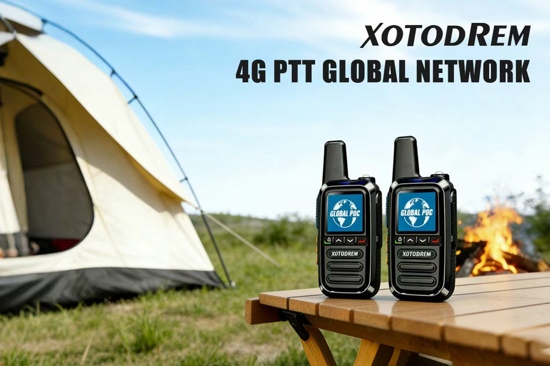 XOTODREM 4G PTT Global Network PoC walkie-talkies placed on a camping table outdoors — unlimited range construction and outdoor radio 2026