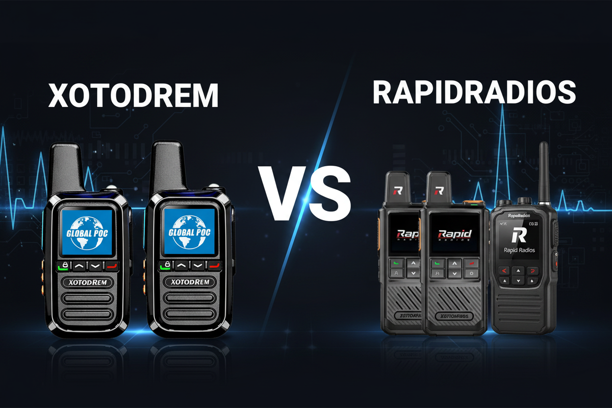 Xotodrem vs RapidRadios — side-by-side POC walkie talkie comparison showing 2 Xotodrem G05 radios against 2 RapidRadios devices